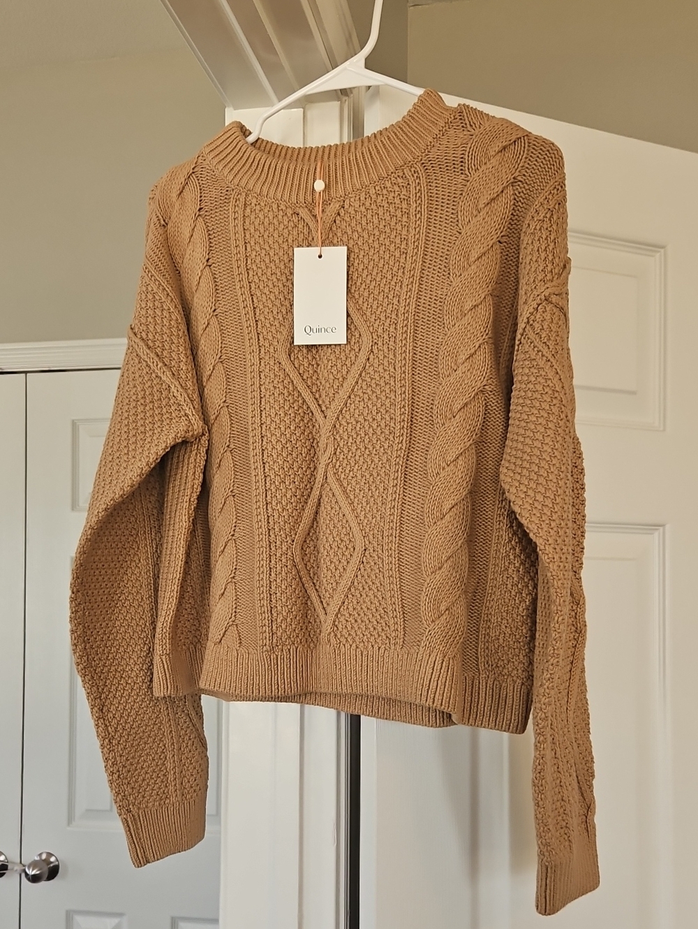 Quince Cable Knit Crewneck Sweater - Camel Brown